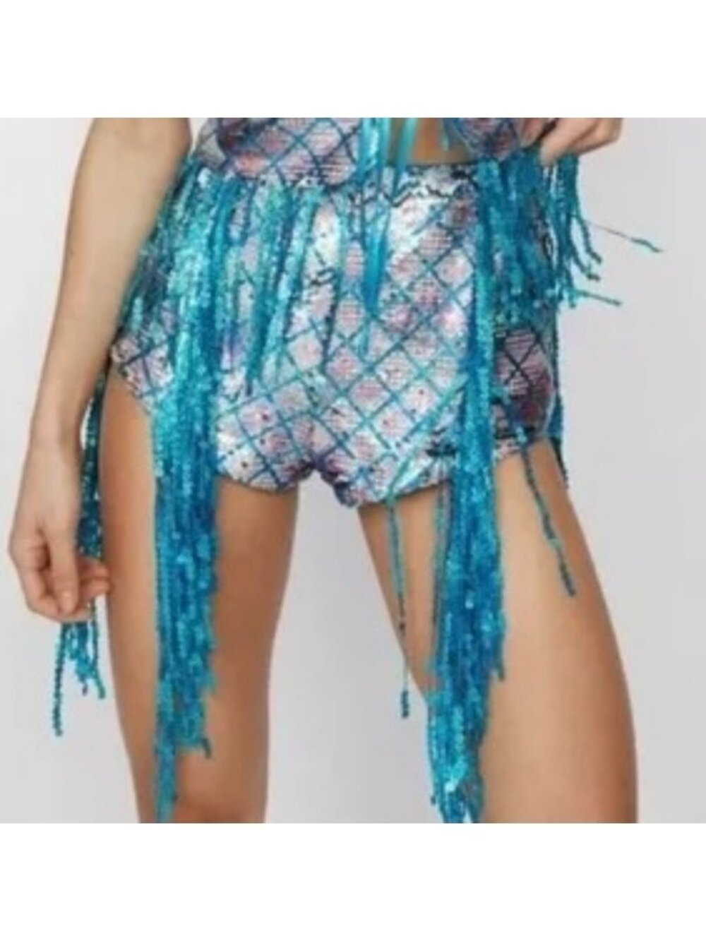 Nasty Gal Premium Festival Rave Party Mermaid Sequin Cheeky Fringe Shorts Size 2